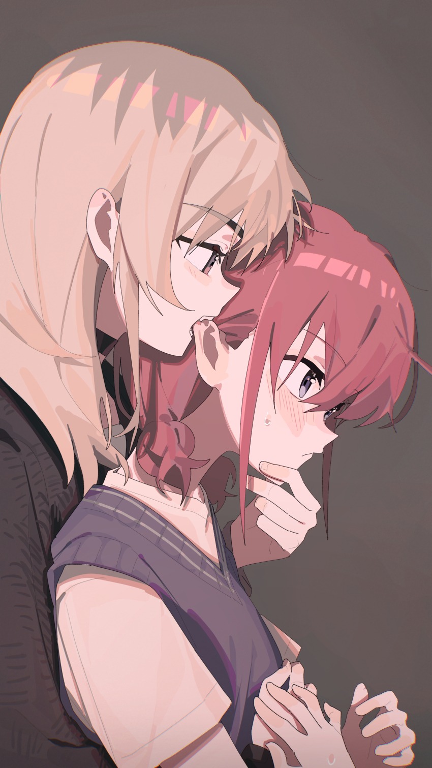 2girls absurdres biting biting_ear black_sweater blue_sweater_vest blush brown_hair commentary english_commentary girls_band_cry grey_background grey_hair hand_on_another&#039;s_head highres holding_hands hug hug_from_behind iseri_nina kawaragi_momoka long_hair low_twintails multicolored_hair multiple_girls roots_(hair) shirt short_hair short_twintails sidelocks simple_background sweater sweater_vest twintails upper_body white_shirt ydpfa yuri