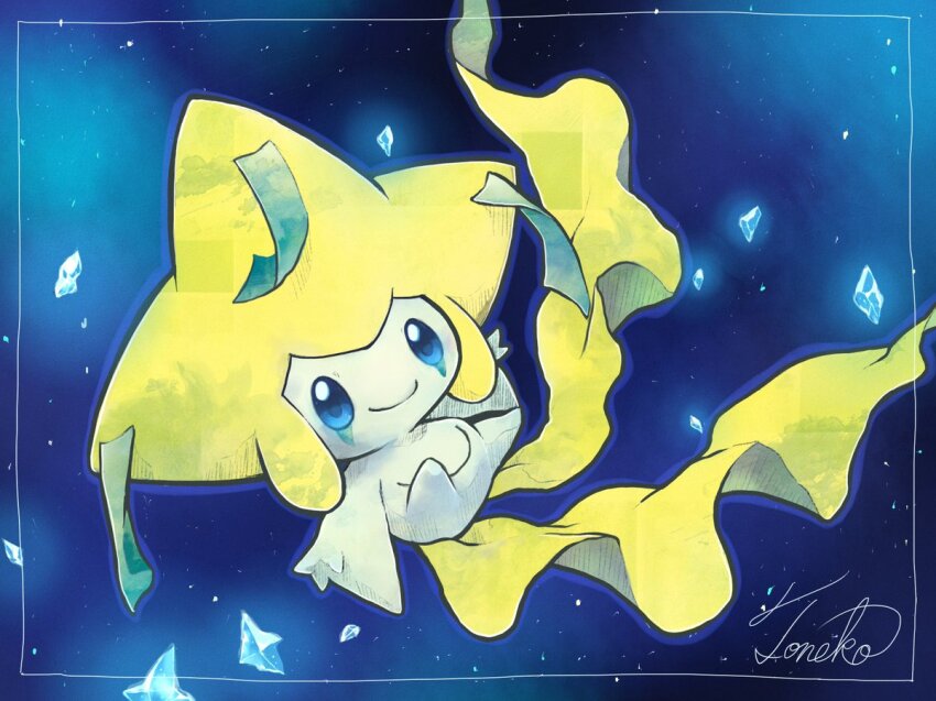 artist_name blue_eyes cape colored_skin diamond_(gemstone) floating gen_3_pokemon jirachi legendary_pokemon looking_at_viewer mythical_pokemon nintendo no_humans pokemon pokemon_(creature) smile solo toneko white_skin