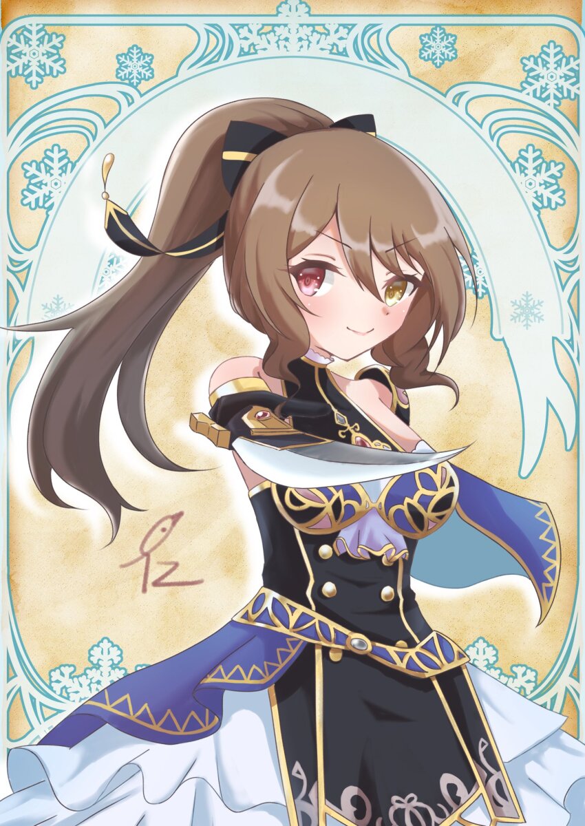 &gt;:) 1girl aiming aiming_at_viewer armor artist_name assault_lily bare_shoulders black_bow black_dress black_gloves blue_cape blush border bow breasts brown_background buttons cape capelet closed_mouth commentary cowboy_shot dress gloves gradient_background hair_bow halter_dress halterneck hand_up heterochromia highres holding holding_sword holding_weapon kuo_shenlin layered_dress looking_at_viewer medium_breasts muzu_(rrlilymo) official_alternate_costume official_alternate_hairstyle orange_bow ornate_border outside_border outstretched_arm pauldrons pink_eyes pointing_melee_weapon pointing_sword shoulder_armor side_cape single_pauldron sleeveless sleeveless_dress snowflake_background solo standing striped_bow sword two-sided_cape two-sided_fabric two-tone_dress v-shaped_eyebrows weapon white_capelet white_dress yellow_eyes