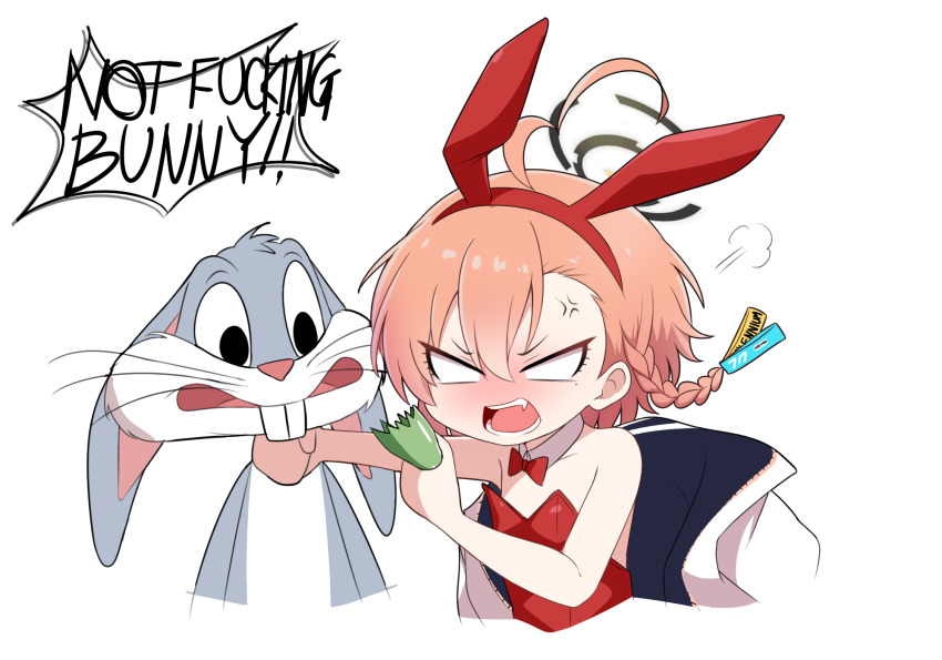 1girl amogan anger_vein angry angry_video_game_nerd animal_ear_hairband animal_ears blank_eyes blue_archive blush bottle bow bowtie braid breasts broken_bottle bugs_bunny commentary_request cropped_torso detached_collar english_text fake_animal_ears fangs hairband highres holding holding_bottle korean_commentary leotard looney_tunes neck_grab neru_(blue_archive) neru_(bunny)_(blue_archive) open_mouth orange_hair playboy_bunny profanity rabbit rabbit_ear_hairband rabbit_ears red_bow red_bowtie red_hairband red_leotard short_hair side_braid simple_background small_breasts solo teeth v-shaped_eyebrows white_background