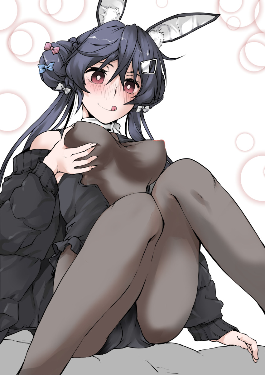 1girl :q allen_m._sumner_(azur_lane) allen_m._sumner_(charming_rabbit)_(azur_lane) animal_ears arm_behind_back ass azur_lane bare_shoulders black_hair black_jacket black_leotard blush bodysuit bow breast_massage breasts breasts_out clothes_pull commentary_request commission covered_erect_nipples double_bun elf_(stroll_in_the_woods) female_masturbation grabbing_own_breast groping hair_between_eyes hair_bow hair_bun hand_up highres jacket jacket_pull knees_together_feet_apart knees_up legs leotard leotard_pull licking_lips long_hair looking_at_viewer masturbation medium_breasts no_bra pixiv_commission rabbit_ears red_bow red_eyes sitting smile solo thighs tongue tongue_out twintails very_long_hair white_bow