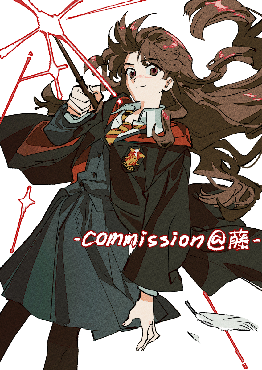 1girl absurdres aibivy arm_at_side artist_name aura black_cardigan black_coat black_pantyhose black_skirt brown_eyes brown_hair buttons cardigan casting_spell chinese_text closed_mouth coat collared_shirt commentary_request commission cowboy_shot diagonal-striped_clothes diagonal-striped_necktie dress_shirt falling_feathers feathers film_grain floating_hair gryffindor hand_up harry_potter_(series) hermione_granger highres hogwarts_school_uniform holding holding_wand hood hood_down hooded_coat long_hair long_sleeves looking_at_viewer mihuashi_username miniskirt necktie open_clothes open_coat pantyhose red_necktie red_stripes school_emblem school_uniform shirt simple_background simplified_chinese_text skirt skirt_set smile solo striped_clothes two-sided_coat two-sided_fabric wand white_background white_feathers white_shirt wind wing_collar wizarding_world yellow_necktie yellow_stripes