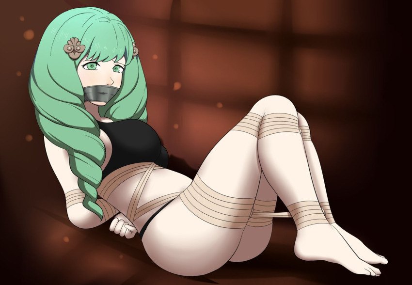 1girl ass bdsm black_bra black_panties blush bondage bound bra breasts brown_background brown_rope covered_mouth dankestofdans eyeliner feet female_focus fire_emblem fire_emblem:_three_houses flayn_(fire_emblem) gag gagged green_eyes green_hair huge_ass improvised_gag intelligent_systems large_breasts long_hair lying makeup nintendo panties rope shiny_clothes shiny_skin solo tape tape_gag thick_thighs thighs underwear underwear_only very_long_hair