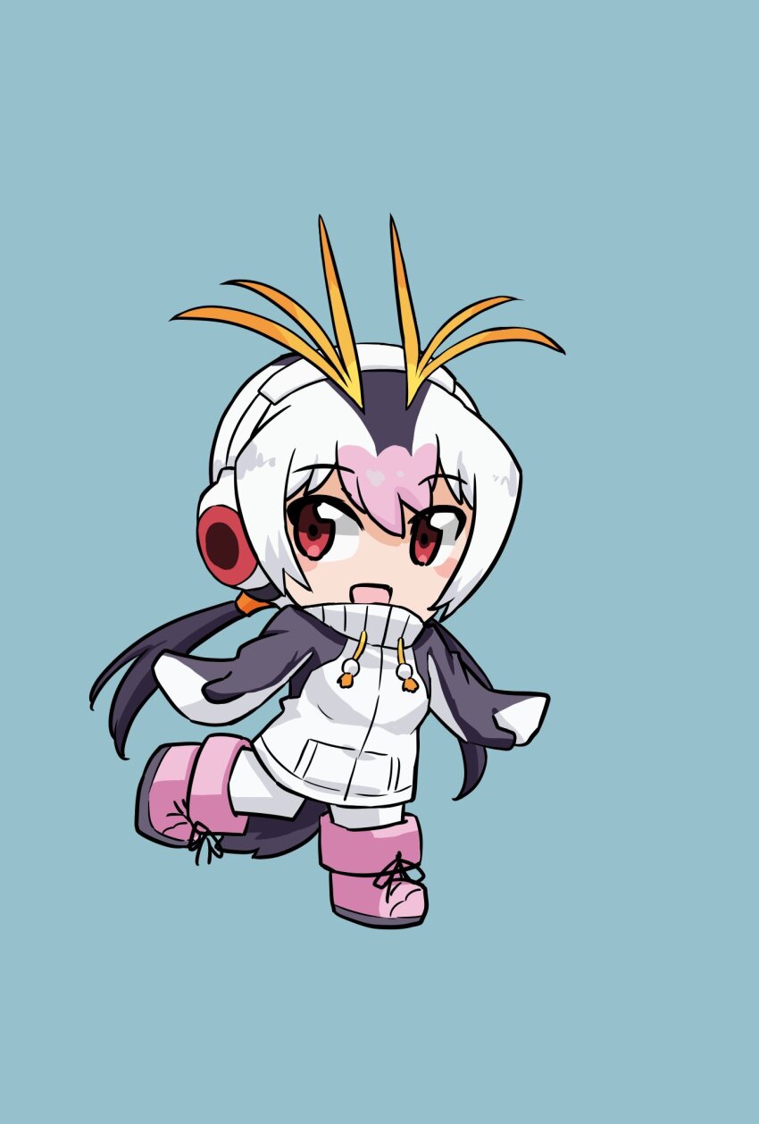1girl black_hair black_sweater blonde_hair blue_background blush boots drawstring gravi_pig4891 hair_between_eyes headphones high_collar highres kemono_friends long_sleeves mittens multicolored_hair open_mouth penguin_girl penguin_tail pink_boots pink_hair red_eyes royal_penguin_(kemono_friends) sidelocks smile solo standing standing_on_one_leg sweater tail thighhighs twintails two-tone_sweater white_hair white_sweater white_thighhighs
