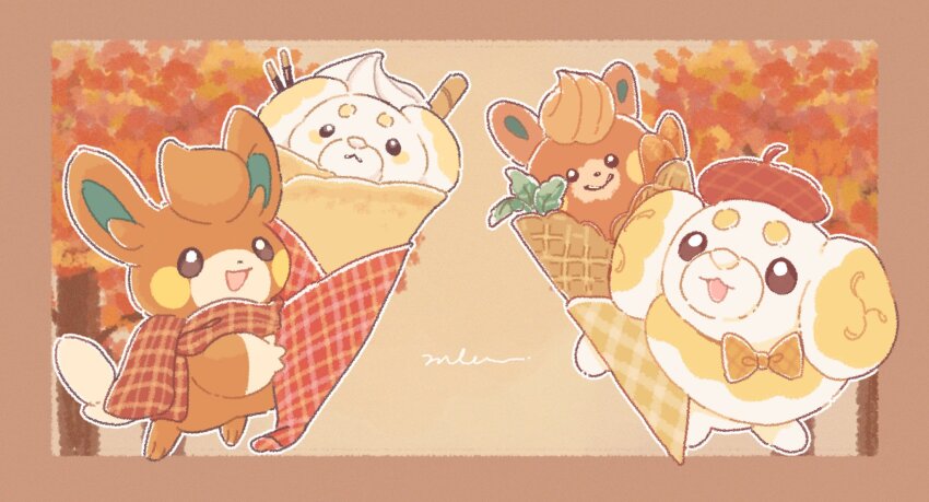 autumn_leaves bow bowtie character-themed_food fidough food highres holding ice_cream leaf mkt_(buizu-miki) nintendo no_humans open_mouth pawmi pokemon pokemon_(creature) smile tree