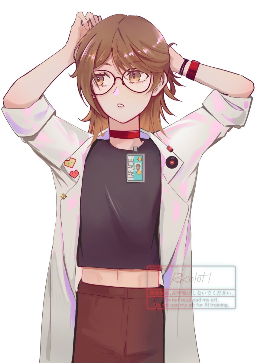 1girl absurdres adjusting_hair alternate_costume arm_up artist_name black_shirt bracelet brown_hair brown_pants choker coat facing_viewer glasses highres id_card jewelry looking_to_the_side midriff navel open_clothes open_coat orange_eyes pants ratanan red_choker regulus_(reverse:1999) reverse:1999 shirt short_hair sleeves_rolled_up solo triangle_mouth upper_body water white_background white_coat