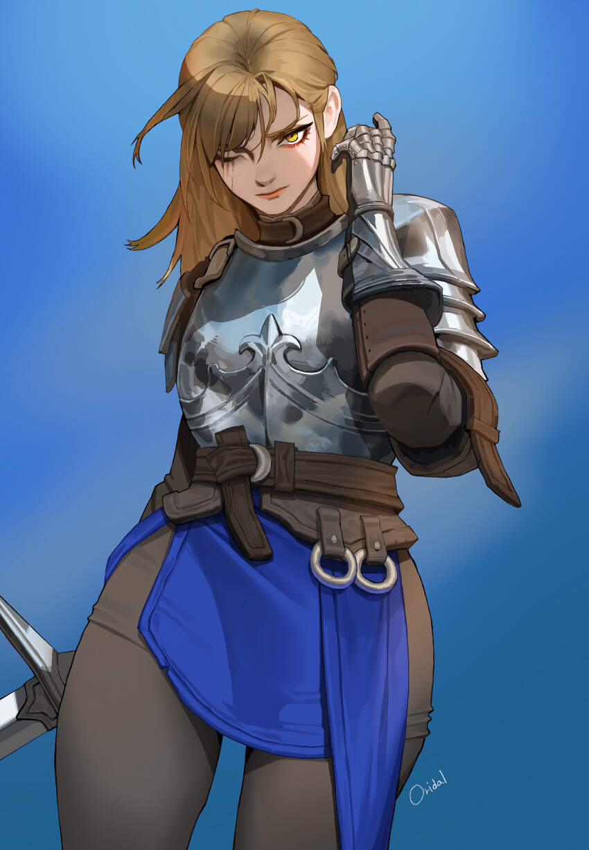 1girl absurdres armor artist_name black_pants blue_background brown_hair closed_mouth commentary cowboy_shot cuirass english_commentary eyeliner facial_scar gauntlets hair_between_eyes hand_up highres looking_at_viewer makeup o-ring one_eye_closed ori_dal original pants pauldrons red_eyeliner rerebrace scar scar_on_cheek scar_on_face shoulder_armor signature solo standing sword weapon yellow_eyes
