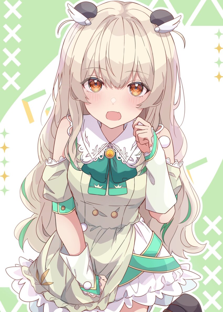 1girl amatsuna_sasaha animal_ears blush breasts brown_eyes clothing_cutout commentary_request fang hair_between_eyes hair_ornament highres indie_virtual_youtuber leg_up light_brown_hair long_hair looking_at_viewer medium_breasts open_mouth ribbon shoulder_cutout simple_background solo virtual_youtuber wing_hair_ornament