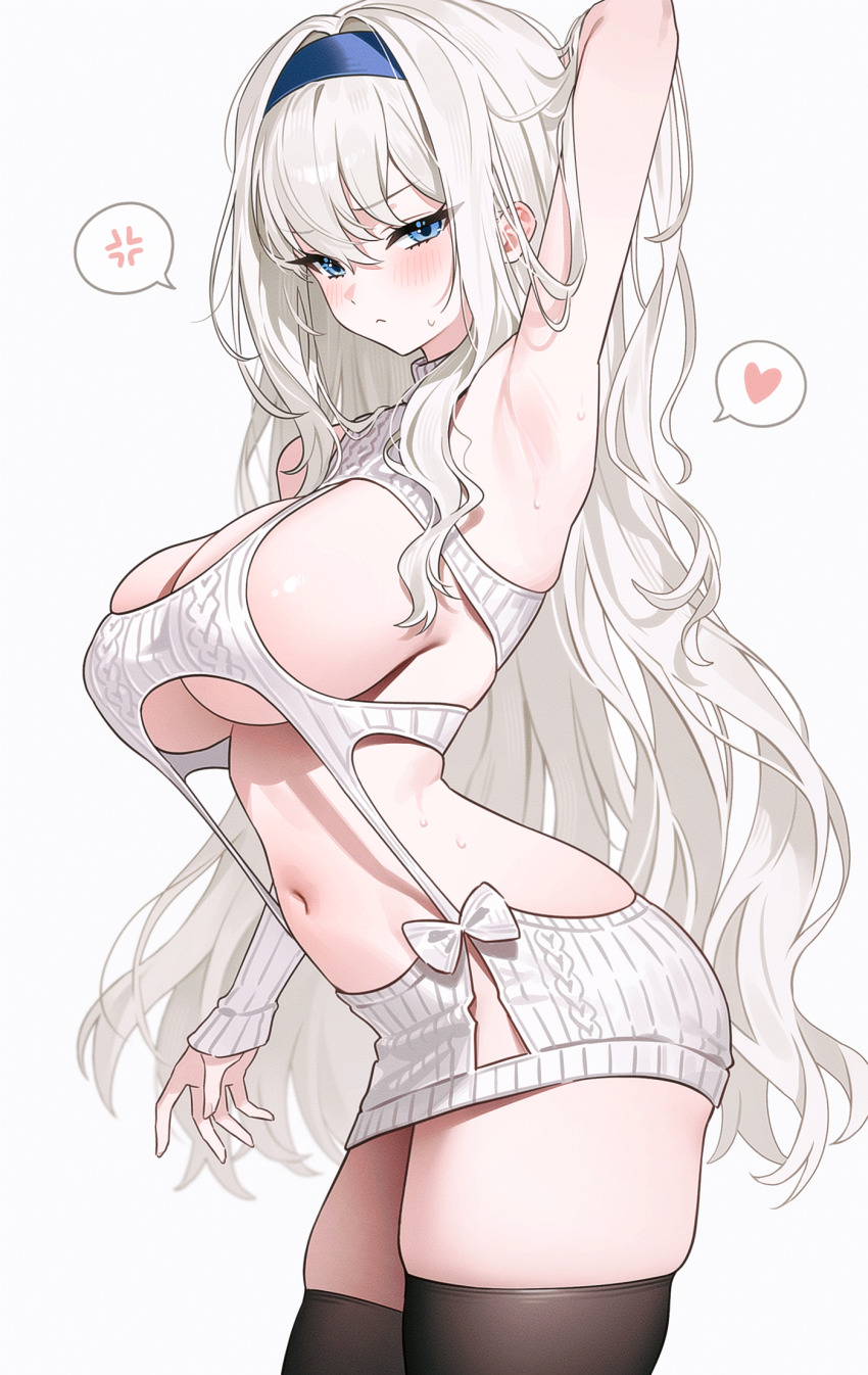 1girl alcien_(lapland) anger_vein arm_behind_head arm_up armpits bare_shoulders blue_eyes blue_hairband blush breasts brown_thighhighs cable_knit cleavage closed_mouth commission cowboy_shot dress dungeon_and_fighter frown fymrie hairband heart highres large_breasts long_hair looking_at_viewer navel revealing_clothes ribbed_sweater second-party_source sideboob skindentation sleeveless sleeveless_sweater solo spoken_anger_vein spoken_heart stomach sweat sweater sweater_dress thighhighs thighs v-shaped_eyebrows very_long_hair virgin_killer_sweater white_hair