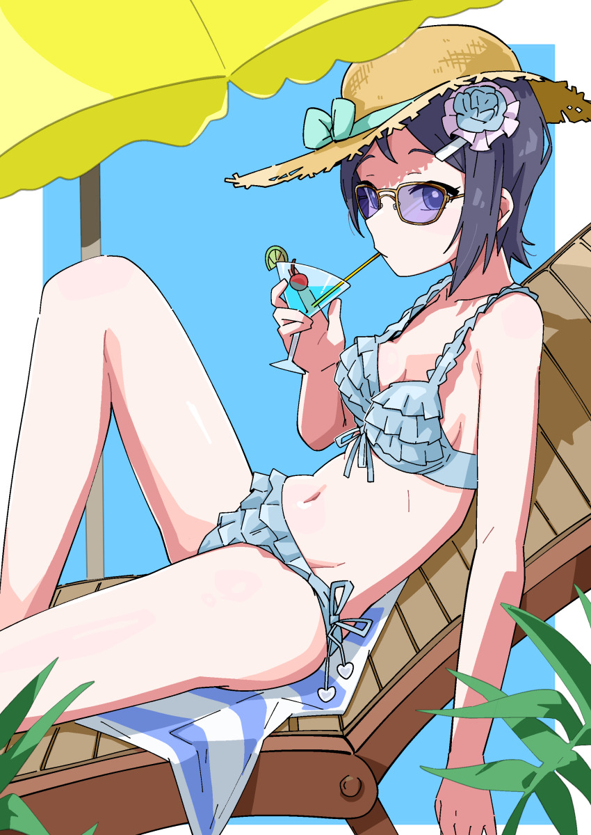 1girl absurdres bare_shoulders bikini black_hair blue_eyes border breasts closed_mouth cocktail collarbone dot_nose expressionless feet_out_of_frame flower frilled_bikini frills from_side hair_flower hair_ornament hat hat_ribbon highres idolmaster idolmaster_dearly_stars leaning_back leg_up looking_at_viewer medium_breasts mizutani_eri navel ohgi910 outside_border parasol parted_bangs ribbon short_hair sidelocks sitting solo straw_hat sunglasses swimsuit umbrella white_border