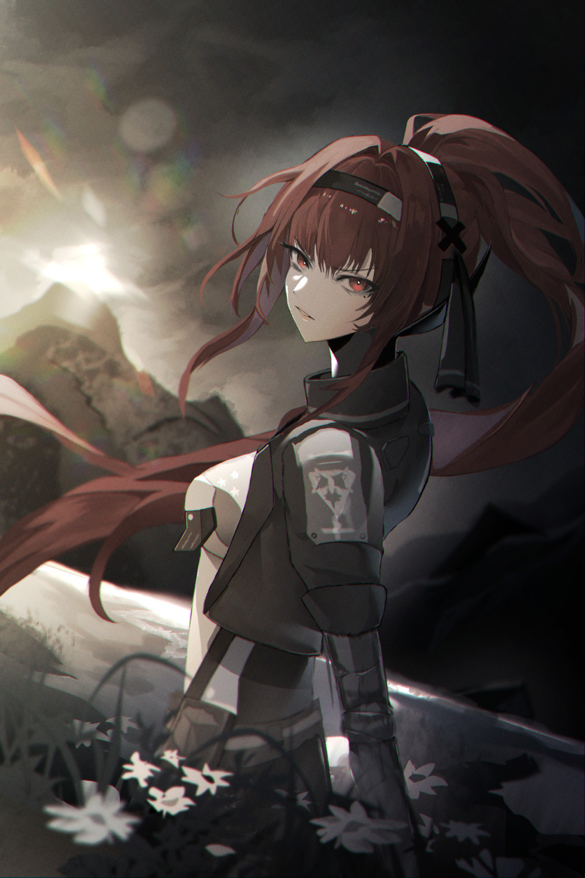 1girl absurdres black_hairband black_jacket breasts chromatic_aberration commentary cropped_jacket from_side hair_intakes hairband highres jacket long_hair looking_at_viewer looking_to_the_side mechanical_arms medium_breasts outdoors parted_lips ponytail punishing:_gray_raven red_eyes red_hair solo vera:_garnet_(pgr) vera_(pgr) very_long_hair yirin