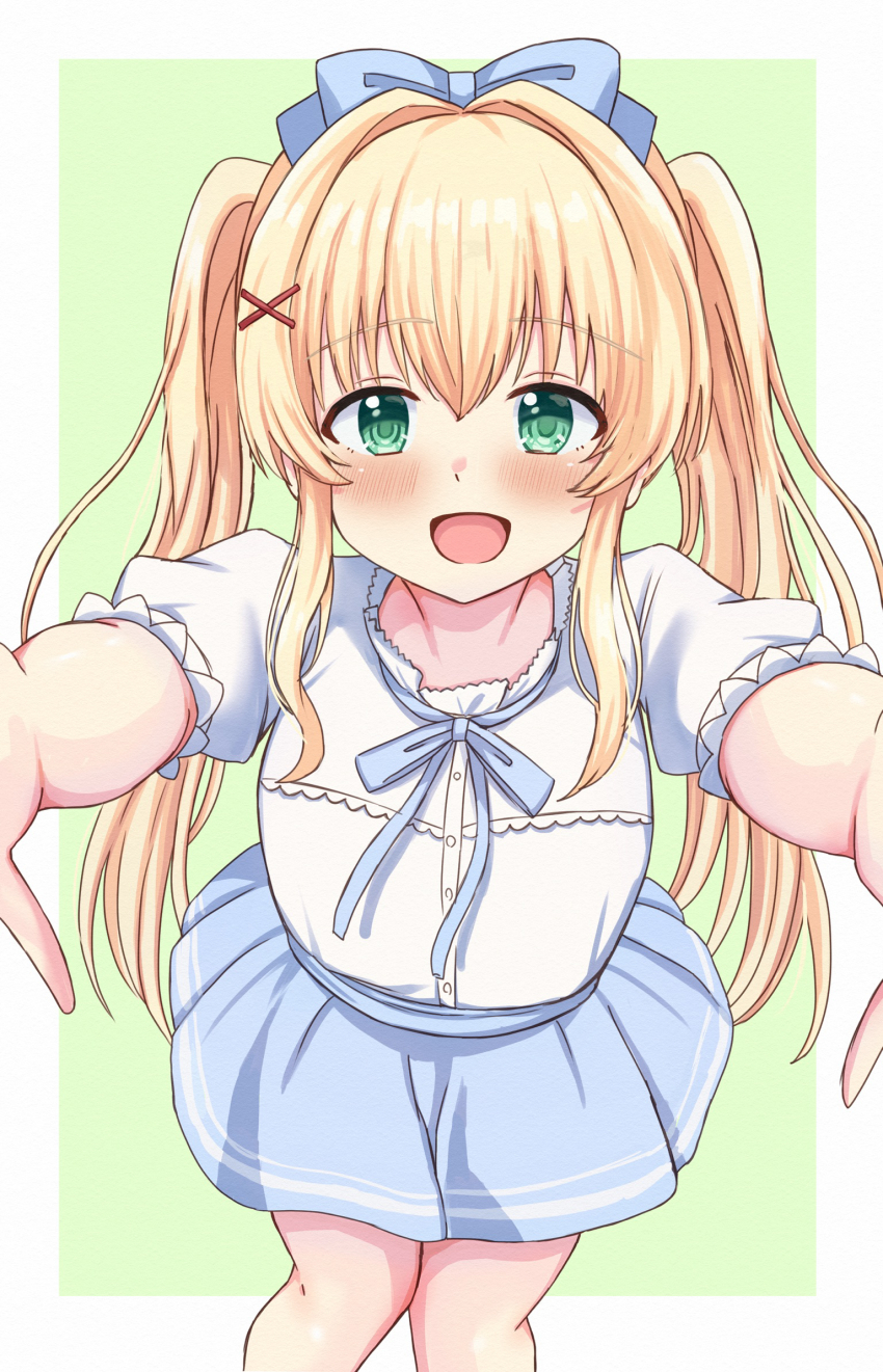 1girl :d blonde_hair blue_bow blue_bowtie blue_skirt blush border bow bowtie commentary feet_out_of_frame foreshortening from_above green_background green_eyes hair_between_eyes hair_bow hair_intakes happy highres incoming_hug long_hair looking_at_viewer nootomo official_alternate_costume open_mouth outside_border pov shirt short_sleeves sidelocks simple_background skirt smile solo standing straight-on straight_hair summer_pockets tsumugi_wenders twintails very_long_hair white_border white_shirt