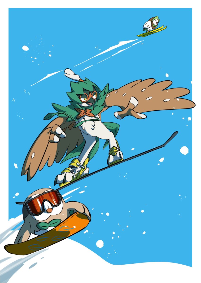 beak bird border commentary dartrix day decidueye evolutionary_line gen_7_pokemon highres nintendo no_humans outdoors pkpokopoko3 pokemon pokemon_(creature) rowlet skis snow snowboard snowboarding standing visor white_border yellow_eyes