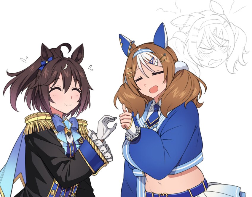 2girls =_= admire_japan_(racehorse) angry blue_bow blue_bowtie blue_cape blue_capelet blue_gemstone blue_headband blue_sky bow bowtie brown_hair cape capelet commentary deep_impact_(racehorse) ear_bow ear_covers ears_back epaulettes flying_sweatdrops frilled_sleeves frills fukuro_(maruaru00) gem genderswap genderswap_(mtf) gloves hair_ornament hairclip half_updo headband heart_hands_failure highres long_sleeves midriff multicolored_hair multiple_girls navel original personification puffy_sleeves simple_background sky striped_headband twintails two-tone_hair umamusume upper_body white_background white_gloves white_hair wrist_belt