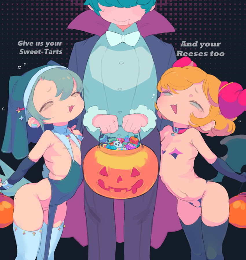 1boy 2girls basket black_dress black_gloves black_pants black_thighhighs blonde_hair blue_veil bow bowtie breast_curtains breasts bucket candy collar commentary demon_girl dress earrings elbow_gloves english_text fang flat_chest food gloves grey_hair hair_between_eyes hair_over_eyes halloween halloween_bucket halloween_costume highres holding holding_basket holding_bucket holding_pumpkin horns jewelry loli low_wings multiple_girls nun open_mouth original pants pasties pelvic_curtain pumpkin robe short_hair sidelocks single_earring squinting star_(symbol) star_pasties starmilk thighhighs thighs trick-or-treating vampire_costume veil white_bow white_bowtie white_thighhighs wings