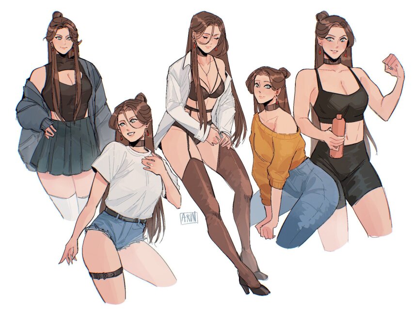 1girl asymmetrical_shirt bare_shoulders bbybluemochi bike_shorts black_choker black_footwear black_shorts black_thighhighs blue_eyes blue_pants blush bottle bra_strap breasts brown_hair choker cleavage_cutout closed_eyes clothing_cutout commentary contrapposto cropped_legs denim denim_shorts dressing earrings english_commentary flexing floating_earring garter_belt garter_straps genderswap genderswap_(mtf) grey_skirt hair_between_eyes hand_on_own_chest hand_on_own_hip high_heels highres hip_vent holding holding_bottle jacket jeans jewelry large_breasts legs_apart lingerie long_hair looking_at_viewer looking_to_the_side multiple_views necklace off-shoulder_shirt off_shoulder orange_sweater pants pleated_skirt shirt short_shorts shorts simple_background sitting skirt smile standing sweater thigh_strap thighhighs tianguan_cifu underwear white_background white_shirt white_thighhighs xie_lian zettai_ryouiki