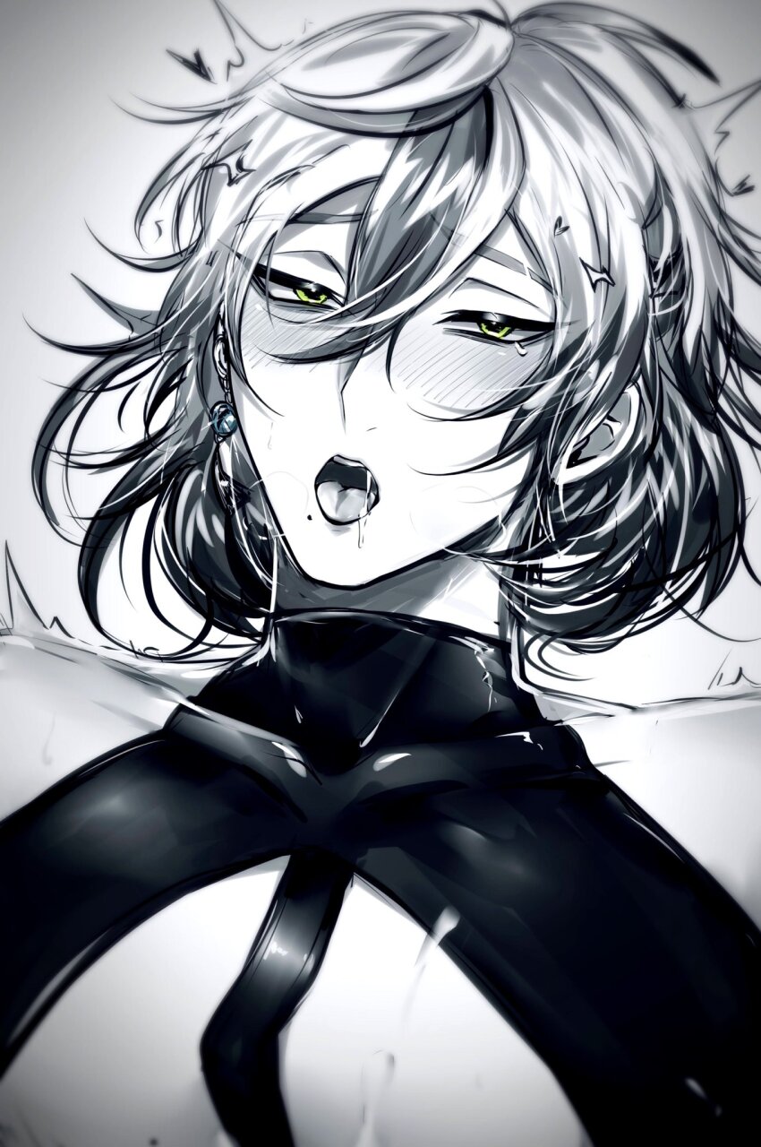 1boy action action_lines bare_shoulders black_hair blush breasts close-up drooling earrings green_eyes grey_hair greyscale hair_ornament half-closed_eyes heart highres implied_anal implied_sex implied_yaoi jewelry looking_at_viewer male_focus medium_hair messy_hair mole mole_on_breast mole_on_chest mole_under_mouth monochrome multicolored_hair nu_carnival rei_(nu_carnival) strap_gap tearing_up teeth tongue tongue_out upper_body upper_teeth_only white_background yadome810