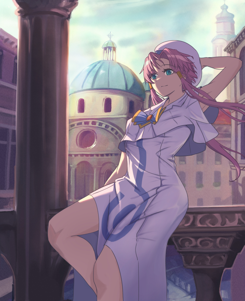 1girl absurdres aqua_eyes aria_(manga) aria_company_uniform arm_up beret blue_bow blue_bowtie blue_sky bow bowtie breasts closed_mouth dress eyelashes feet_out_of_frame gold_trim hair_tubes hat highres impossible_clothes impossible_dress kean_gindesgaard leaning_back legs mizunashi_akari on_railing parted_bangs pink_hair railing santa_maria_della_salute shadow short_hair_with_long_locks short_sleeves side_slit sitting sky small_breasts solo venice white_dress white_hat