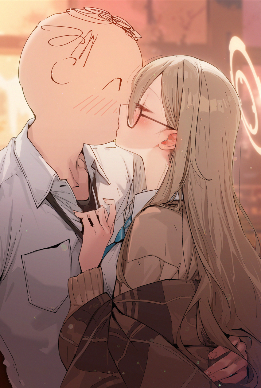 1boy 1girl akane_(blue_archive) akane_(school_uniform)_(blue_archive) black-framed_eyewear blue_archive blurry blurry_background brown_hair brown_shawl closed_eyes commentary_request drive_shot from_side glasses highres kiss long_hair plaid_clothes plaid_shawl sensei_(blue_archive) shawl shirt very_long_hair white_shirt