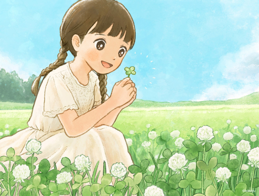 1girl black_eyes blue_sky braid bright_pupils brown_hair casual clover dandelion day dress field flower flower_field four-leaf_clover happy hill holding holding_leaf landscape leaf looking_at_object low_twintails nature open_mouth original outdoors short_sleeves sky smile solo squatting tokoyu twin_braids twintails white_dress white_flower