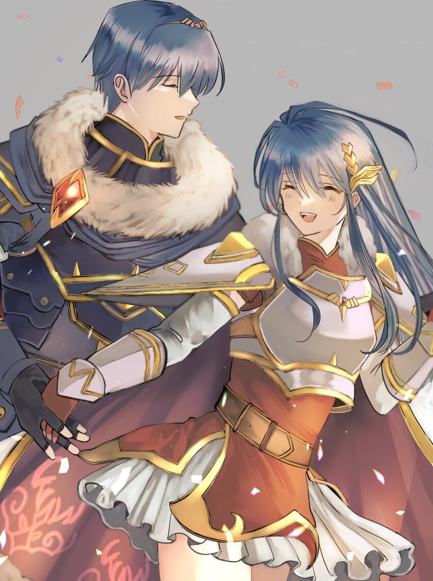 1boy 1girl ^_^ armor belt black_gloves blue_hair breastplate caeda_(beloved_queen)_(fire_emblem) caeda_(fire_emblem) cape closed_eyes commentary_request fire_emblem fire_emblem:_mystery_of_the_emblem frilled_skirt frills fur-trimmed_cape fur_trim gauntlets gloves gold_trim grey_background hair_between_eyes highres holding_hands husband_and_wife long_hair marth_(fire_emblem) marth_(hero-king)_(fire_emblem) nintendo omlililimo open_mouth pauldrons short_hair shoulder_armor skirt smile white_skirt