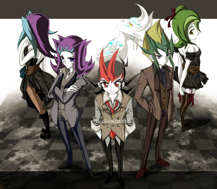 2girls 4boys adjusting_hair alternate_costume arm_at_side arms_behind_back astral_(yu-gi-oh!) bare_back bare_shoulders behind_another black_boots black_border black_dress black_hair black_pants black_shoes blazer blonde_hair blue_eyes body_markings boots border brown_eyes brown_jacket brown_pants brown_pantyhose brown_shirt brown_shoes brown_thighhighs brown_vest checkered_floor colored_bangs cross cross_necklace crossed_arms dress dress_shirt english_text facial_mark facing_to_the_side facing_viewer floating formal_clothes green_hair grey_jacket grey_pants grey_shirt hair_slicked_back hand_on_own_face hands_in_pockets hands_on_own_arms indoors jacket jewelry kamishiro_rio kamishiro_ryouga leaning_back looking_at_another looking_at_viewer looking_to_the_side loose_necktie maruko1110 mizuki_kotori_(yu-gi-oh!) multiple_boys multiple_girls necklace necktie open_clothes open_jacket ornate_border outdoors pants pantyhose parted_bangs partially_colored partially_unbuttoned popped_collar purple_eyes purple_hair purple_necktie red_eyes red_necktie red_ribbon ribbon shirt shoes side-by-side sleeves_rolled_up smile spiked_hair spirit striped_clothes striped_shirt striped_vest tenjou_kaito thighhighs tile_floor tiles tsukumo_yuma untucked_shirt vertical-striped_clothes vertical-striped_shirt vest white_background white_hair white_shirt yu-gi-oh! yu-gi-oh!_zexal