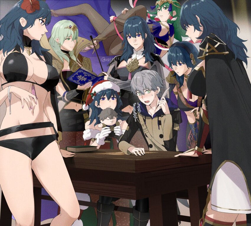 1boy 6+girls ashe_ubert bikini black_bikini blue_eyes blue_hair breasts character_doll cleavage clone_harem cosplay doll female_byleth_(enlightened)_(fire_emblem) female_byleth_(fire_emblem) female_byleth_(frosty_professor)_(fire_emblem) female_byleth_(jehanna)_(fire_emblem) female_byleth_(resplendent)_(fire_emblem) female_byleth_(sublime_light)_(fire_emblem) female_byleth_(summer)_(fire_emblem) female_byleth_(the_fodlan_light)_(fire_emblem) fire_emblem fire_emblem:_three_houses fire_emblem_heroes flower freckles garreg_mach_monastery_uniform green_eyes green_hair grey_hair hair_between_eyes hair_flower hair_ornament harem hibiscus large_breasts long_hair long_sleeves medium_hair multiple_girls multiple_persona navel nintendo official_alternate_costume official_alternate_eye_color official_alternate_hair_color open_mouth red_flower short_hair smile sothis_(fire_emblem) sothis_(fire_emblem)_(cosplay) swimsuit ushiomi