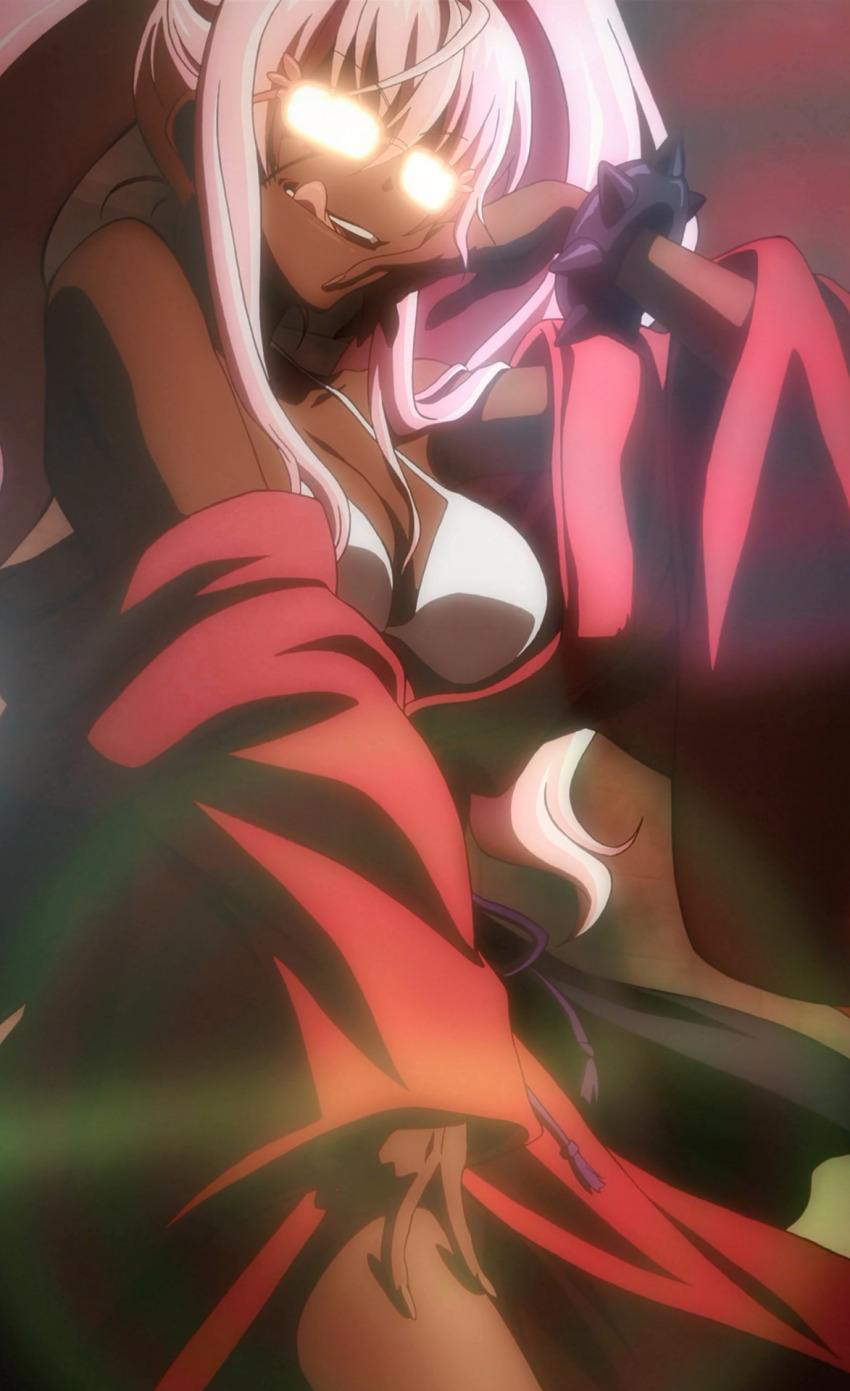 dark_skin glasses highres pink_hair red_robe robe sousei_no_onmyouji suzu tongue tongue_out yellow_eyes