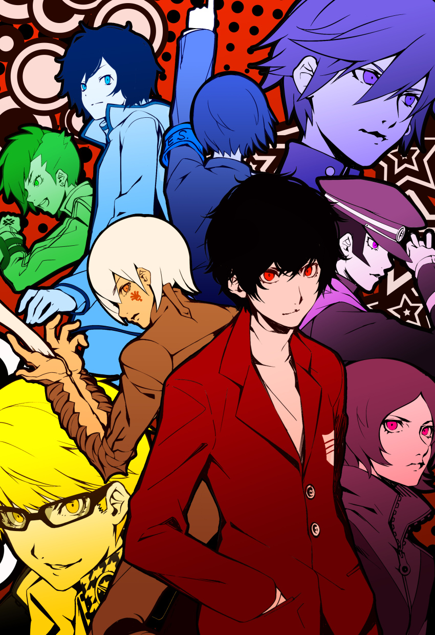 1girl 6+boys absurdres amamiya_ren arm_blade arm_up company_connection devil_summoner:_raidou_kuzunoha_vs_the_soulless_army devil_summoner_(series) devil_survivor_(series) devil_survivor_2 digital_devil_saga expressionless facial_mark glasses grin hand_in_pocket hat highres kuzunoha_raidou long_sleeves looking_at_viewer multiple_boys multiple_monochrome nanashi_(megami_tensei) narukami_yu peaked_cap persona persona_1 persona_2 persona_3 persona_4 persona_5 protagonist_(devil_survivor_2) sera_(dds) shin_megami_tensei shin_megami_tensei_iv_final short_hair smile suou_tatsuya toudou_naoya undercut weapon yuuki_makoto_(persona_3) yuuten