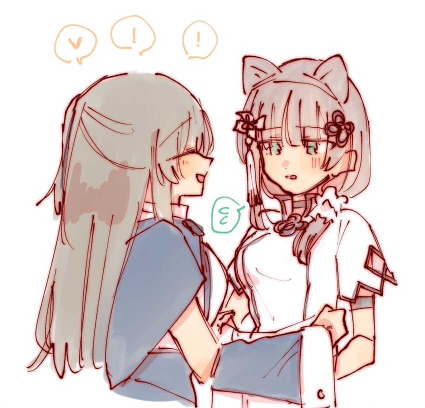 ! 2girls animal_ears arm_cutout arm_strap assault_lily black_capelet black_choker black_hair black_skirt blunt_bangs blush breasts brown_hair capelet cat_ears choker commentary cropped_torso detached_sleeves facing_another fake_animal_ears flower_knot flying_sweatdrops green_eyes hair_ornament hair_over_shoulder hair_scrunchie hands_up heart high-waist_skirt kuo_shenlin looking_at_another low_side_ponytail medium_breasts multiple_girls one_side_up open_mouth parted_lips profile rui_rui_rui0122 school_uniform scrunchie shirt short_sleeves side_ponytail simple_background skirt smile speech_bubble spoken_exclamation_mark spoken_flying_sweatdrops spoken_heart suspender_skirt suspenders tassel tassel_hair_ornament upper_body wang_yujia white_background white_scrunchie white_shirt wide_sleeves yurigaoka_girls_academy_school_uniform