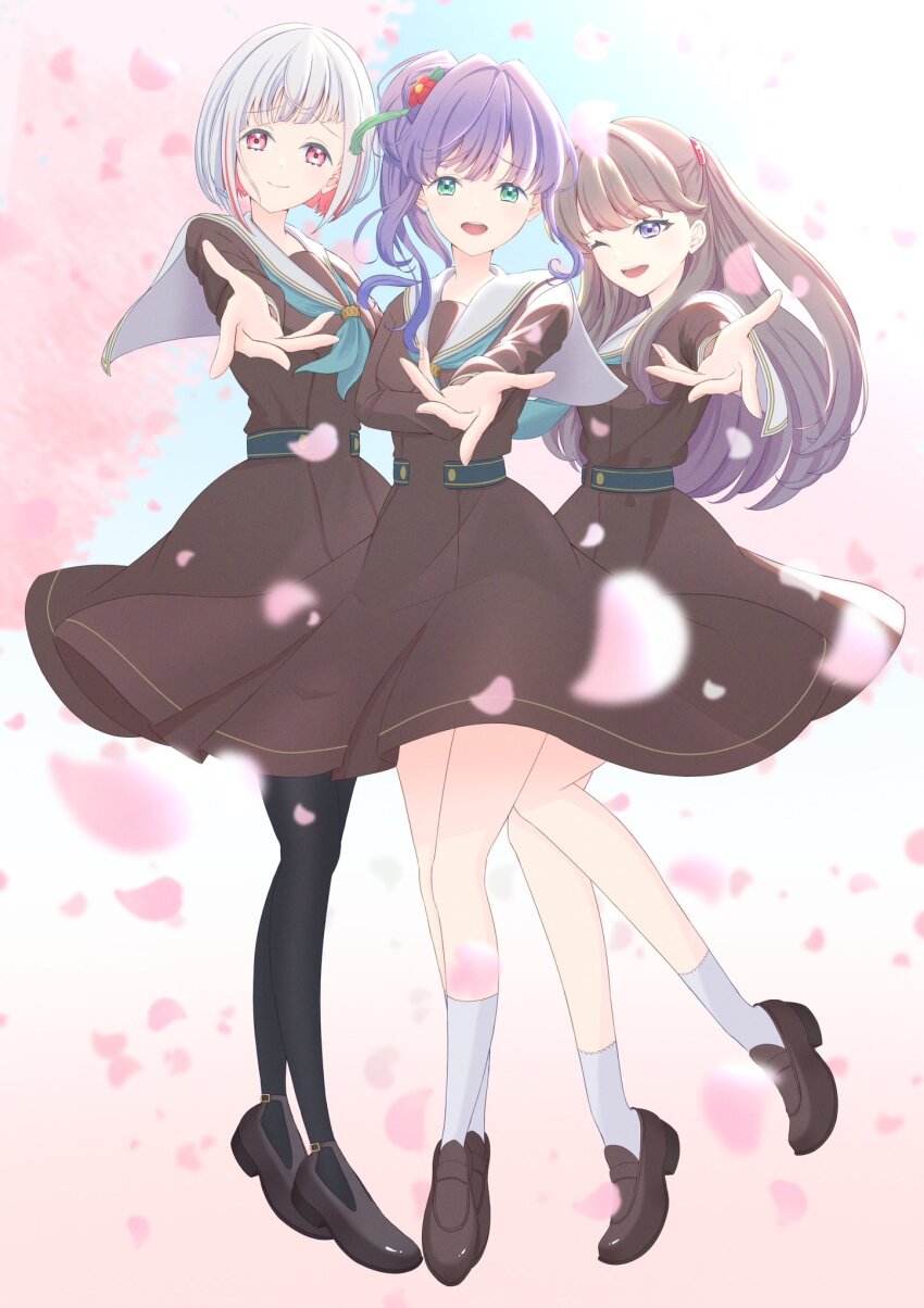 3girls :d ;d black_gloves black_pantyhose blue_sky blush bob_cut brown_dress brown_hair brown_shoes cherry_blossoms closed_mouth clothes_lift colored_inner_hair commentary_request dress dress_lift falling_petals fujishima_megumi full_body gloves green_eyes grey_hair hair_bun hasu_no_sora_school_uniform highres inverted_bob link!_like!_love_live! loafers long_hair looking_at_viewer love_live! medium_dress multicolored_hair multiple_girls nanase_itsuki one_eye_closed open_mouth otomune_kozue outstretched_arm pantyhose petals pink_eyes pink_petals pleated_dress purple_eyes raised_inner_eyebrows red_hair sailor_collar school_uniform shoes short_hair side_ponytail sidelocks single_side_bun sky smile socks split_mouth streaked_hair two_side_up virtual_graduation_commemoration virtual_youtuber white_sailor_collar white_socks wind wind_lift winter_uniform yugiri_tsuzuri
