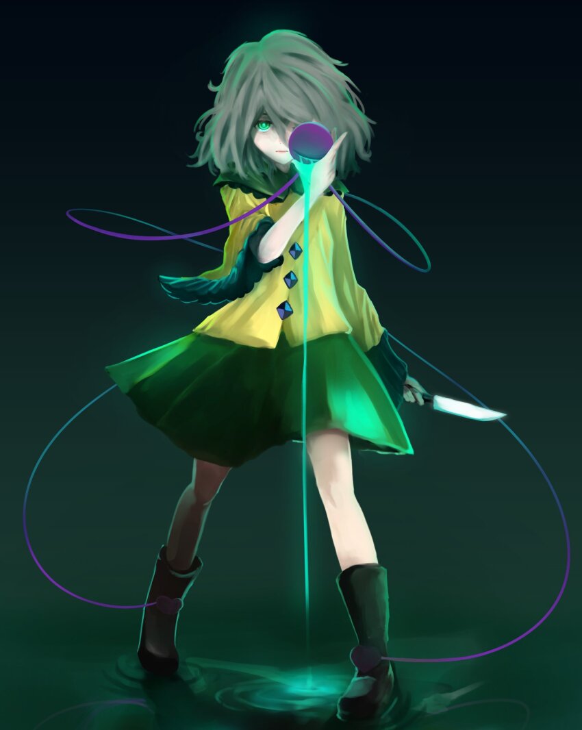 1girl 4rdilla black_footwear full_body gradient_background green_skirt grey_hair highres holding holding_knife knife komeiji_koishi looking_at_viewer shirt short_hair signature skirt solo standing third_eye touhou variant_set yellow_shirt