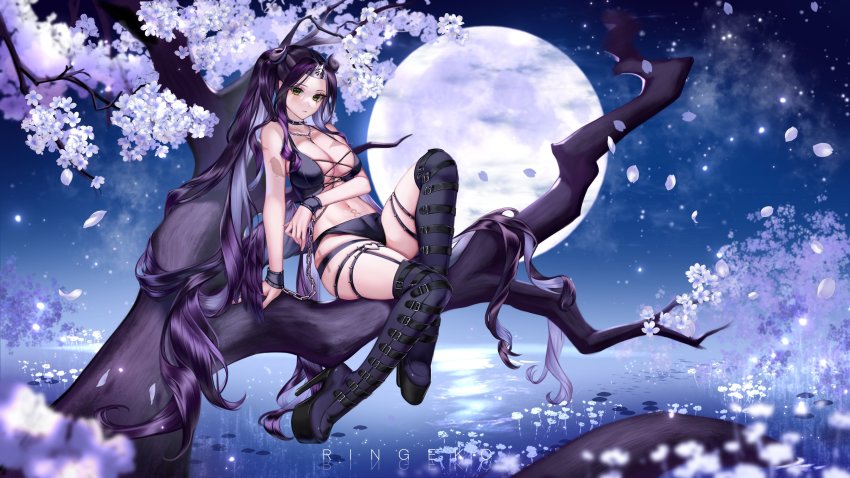 1girl absurdres boots bra breasts cleavage closed_mouth demon_horns flower full_body full_moon green_eyes high_heel_boots high_heels highres horns in_tree large_breasts long_hair looking_at_viewer moon navel night night_sky original panties petals purple_boots purple_bra purple_hair purple_panties purple_thighhighs ringeko-chan sitting sitting_in_tree sky solo stomach thigh_boots thighhighs tiara tree underwear very_long_hair white_flower