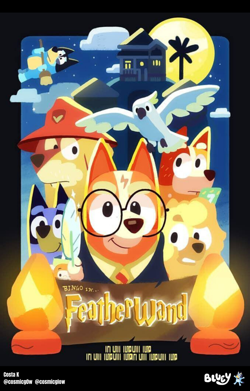 absurdres artist_name bandit_heeler bingo_heeler bluey bluey_heeler broom broom_riding chilli_heeler cloud cloudy_sky cosplay costa_daniel_kassab crossover english_text feather_wand feathers harry_potter harry_potter_(cosplay) harry_potter_(series) harry_potter_and_the_philosopher&#039;s_stone highres holding holding_wand judo_(bluey) lightning_bolt_symbol logo moon mort_heeler movie_poster night official_art round_eyewear sky wall_lamp wand white_feathers wizarding_world