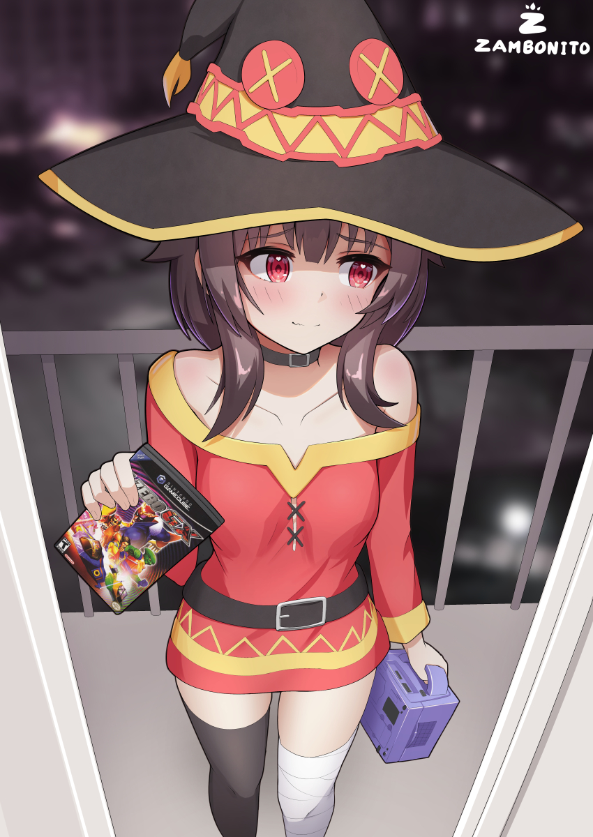 1girl absurdres artist_name asymmetrical_legwear bandaged_leg bandages belt belt_collar black_belt black_collar black_hair black_hat black_thighhighs blurry blurry_background button_eyes buttons closed_mouth collar commentary dress english_commentary f-zero f-zero_gx feet_out_of_frame game_console gamecube hair_between_eyes hat heart heart_in_eye highres holding kono_subarashii_sekai_ni_shukufuku_wo! light_blush long_sleeves looking_to_the_side megumin mismatched_legwear nintendo off-shoulder_dress off_shoulder railing red_dress red_eyes sidelocks single_thighhigh solo split_mouth standing symbol_in_eye thighhighs wavy_mouth witch_hat zambonito