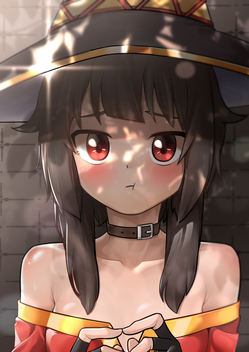 1girl absurdres bare_shoulders black_gloves blush brown_hair choker day dress female_focus fingerless_gloves fingers_together gloves hat highres index_fingers_together kono_subarashii_sekai_ni_shukufuku_wo! looking_at_viewer megumin off-shoulder_dress off_shoulder outdoors pout red_dress red_eyes short_hair_with_long_locks solo upper_body witch_hat wweed