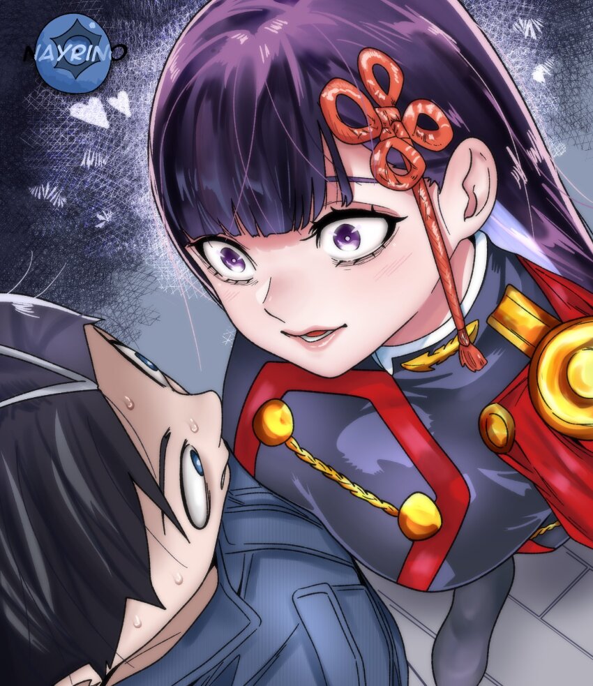 1boy 1girl black_hair blue_eyes breasts colorized large_breasts long_hair mato_seihei_no_slave purple_eyes purple_hair yamashiro_ren