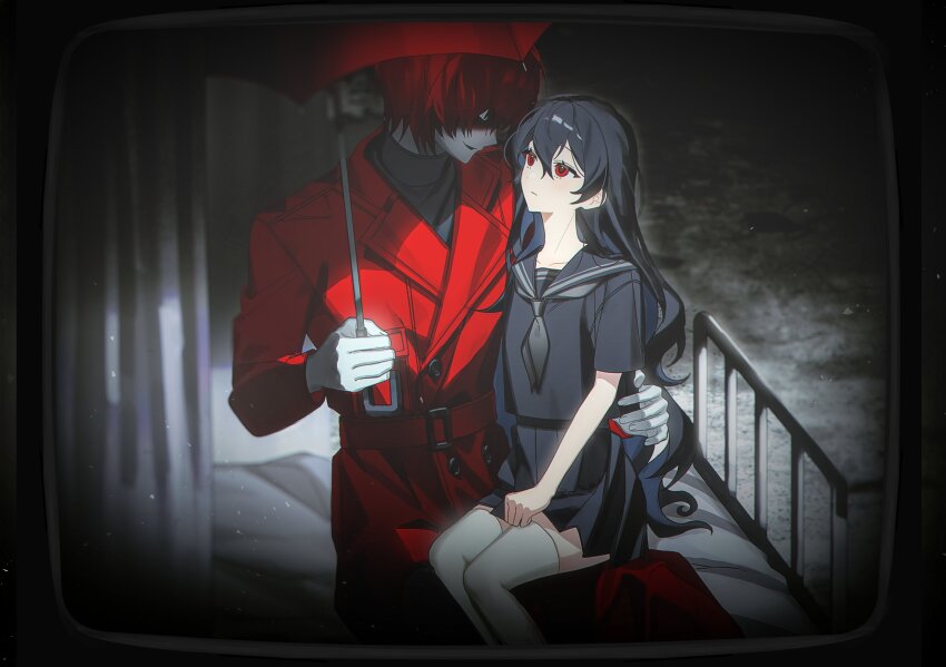 1boy 1girl artist_request black_eyes black_hair black_serafuku coat commentary_request crt heroine_(homicipher) hetero highres holding holding_umbrella homicipher indoors korean_commentary long_hair looking_at_another mr._scarletella on_bed red_coat red_eyes red_hair red_umbrella school_uniform second-party_source serafuku short_hair sitting sitting_on_lap sitting_on_person skirt thighhighs umbrella very_long_hair white_thighhighs