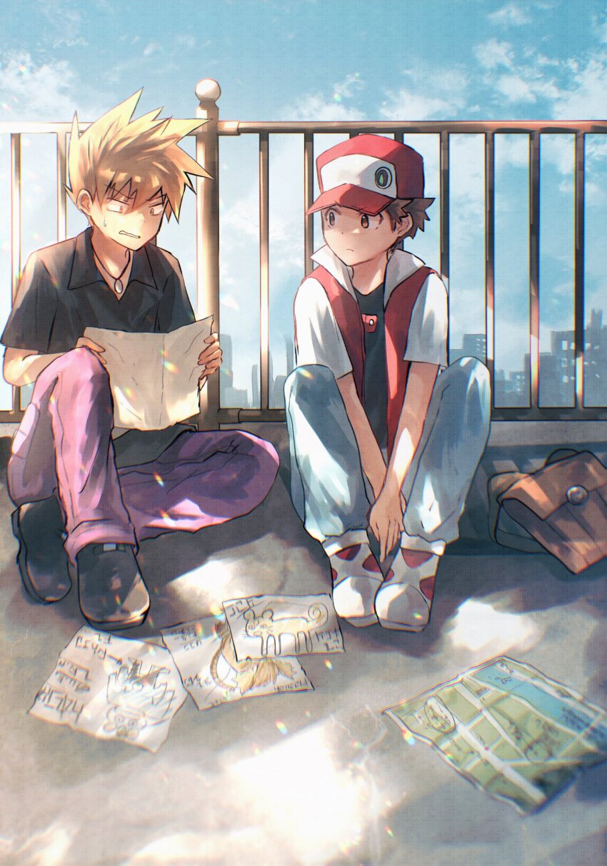 2boys black_shirt black_shoes blonde_hair blue_oak brown_bag brown_eyes brown_hair closed_mouth cloud collared_shirt day hat highres holding jacket jewelry male_focus map multiple_boys necklace nintendo open_clothes open_jacket outdoors pants pokemon pokemon_frlg pokemon_rgby purple_pants red_(pokemon) red_hat shirt shiruko_(s1ruko) shoes short_hair sitting spiked_hair white_shoes