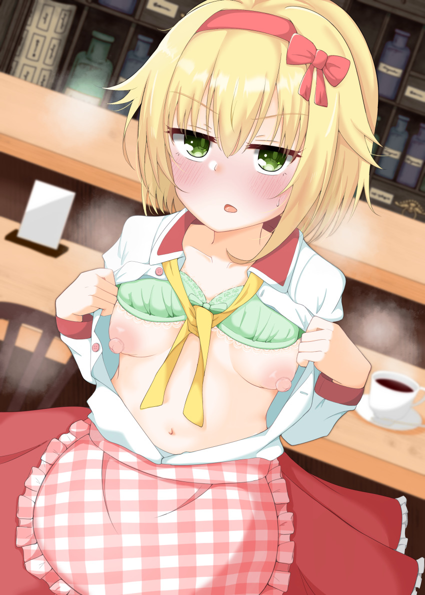1girl absurdres apron blonde_hair blush bow bow_bra bra breasts breasts_apart breasts_out cafe collarbone collared_shirt commentary_request cowboy_shot cup dutch_angle eyelashes eyes_visible_through_hair frilled_skirt frills from_above frown green_bow green_bra green_eyes hair_between_eyes hair_bow hairband hands_up highres indoors jitome kariya_wakana long_sleeves looking_at_viewer medium_hair navel nipples official_alternate_costume open_clothes open_mouth open_shirt plaid_apron plaid_clothes red_bow red_hairband red_skirt sanoba_witch shirt sidelocks skirt small_breasts solo steam stomach sweatdrop tauiteitoku teacup tsurime underwear undressing v-shaped_eyebrows waist_apron waitress white_shirt