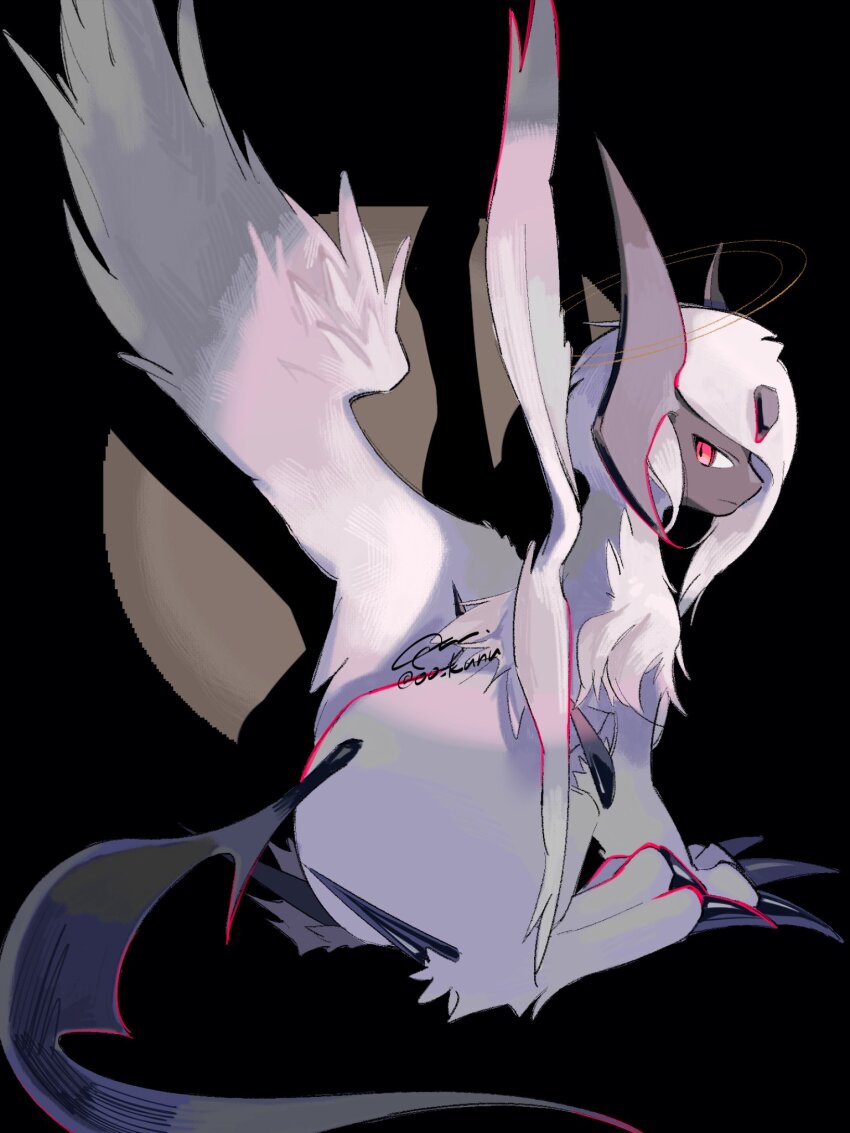 absol animal_focus black_background claws closed_mouth commentary_request gen_3_pokemon highres horns kashiwa_gnu looking_back mega_absol mega_pokemon nintendo no_humans pokemon pokemon_(creature) red_eyes simple_background sitting wings