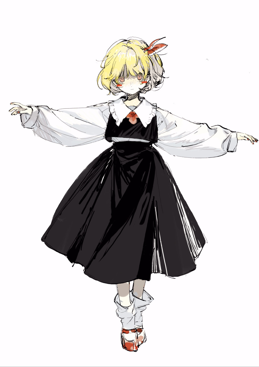 1girl absurdres black_skirt black_vest blonde_hair bow closed_mouth collared_shirt colored_eyelashes derivative_work frilled_shirt_collar frills full_body hair_bow highres long_sleeves mary_janes official_art_inset orange_eyes outstretched_arms red_bow red_shoes rumia shirt shoes short_hair simple_background skirt smile socks spread_arms touhou vest white_background white_shirt white_socks zhixie_jiaobu