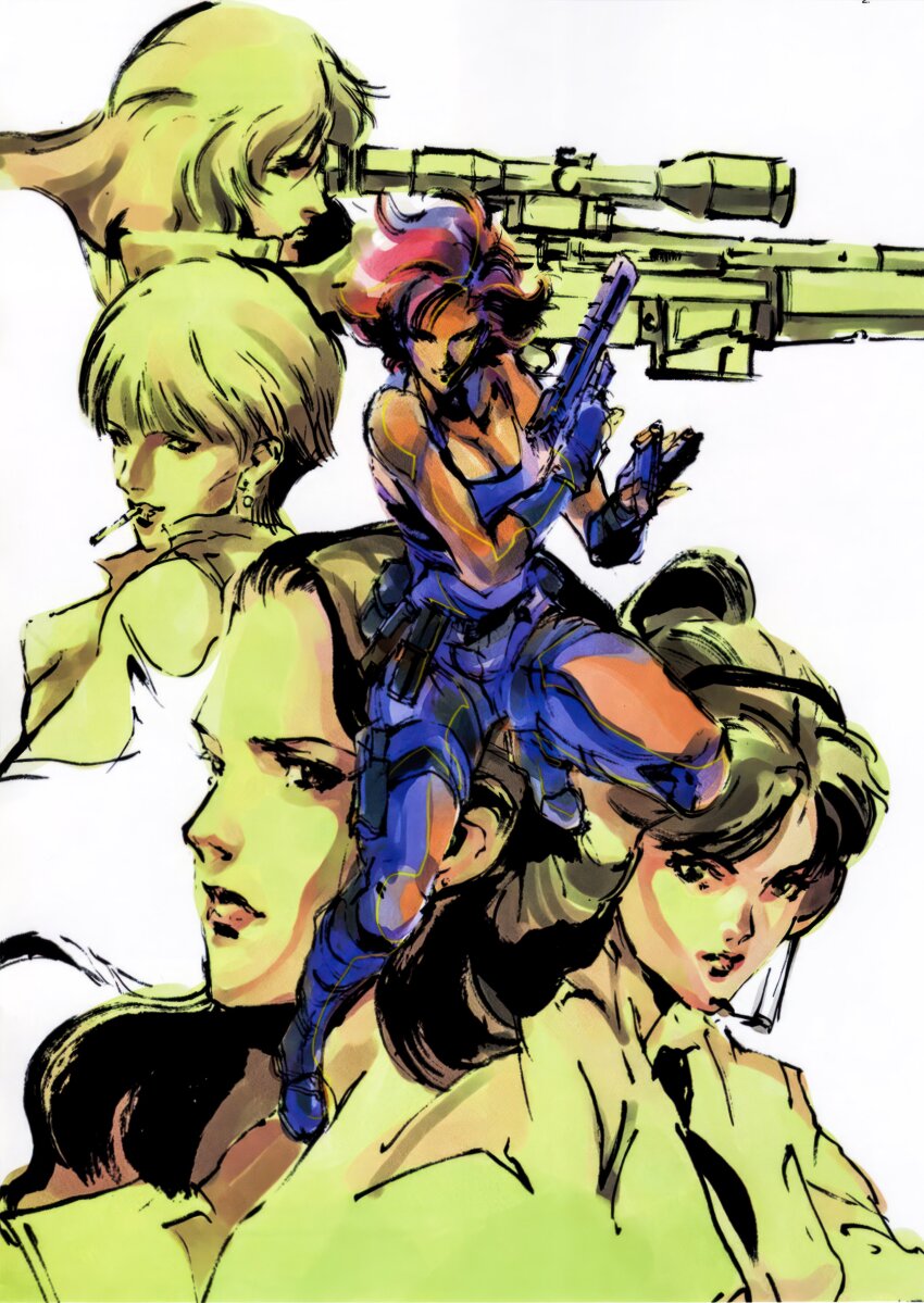 5girls absurdres aiming bare_shoulders breasts cigarette cleavage desert_eagle earrings gun h&amp;k_psg1 handgun headphones highres holding holding_gun holding_weapon jewelry mei_ling meryl_silverburgh metal_gear_(series) metal_gear_solid mouth_hold multiple_girls naomi_hunter nastasha_romanenko official_art rifle scan shinkawa_youji short_hair simple_background sniper_rifle sniper_wolf stud_earrings weapon white_background