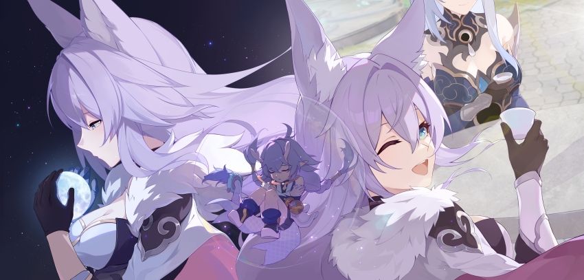 3girls ;d absurdres animal_ears aqua_eyes baiheng_(honkai:_star_rail) bailu_(honkai:_star_rail) black_gloves breasts chinese_commentary cleavage closed_eyes commentary_request cup dragon_girl dragon_horns dragon_tail eastern_dragon_tail fox_ears fox_girl gloves gourd highres holding holding_cup holding_moon honkai:_star_rail honkai_(series) horns jingliu_(honkai:_star_rail) long_hair multiple_girls one_eye_closed open_mouth purple_hair smile tail tearing_up via_shinan