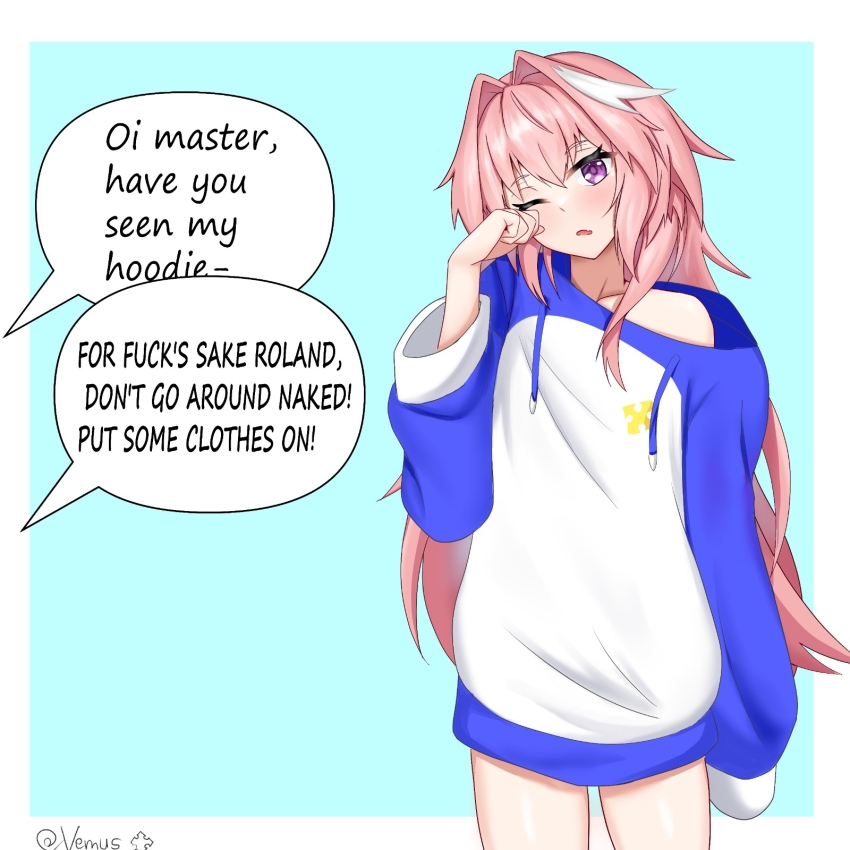 1boy artist_name astolfo_(fate) english_text facing_viewer fate/apocrypha fate/grand_order fate_(series) hair_intakes highres hood hoodie logo long_hair looking_at_viewer male_focus multicolored_hair one_eye_closed pink_hair purple_eyes rubbing_eyes simple_background speech_bubble trap vemus_01