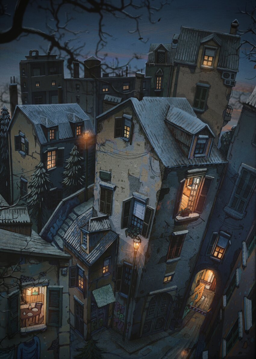 architecture awning balcony branch building chimney door francisco_fonseca graffiti highres house lamppost night night_sky no_humans open_window original power_lines rooftop sky stairs water_tower window window_light