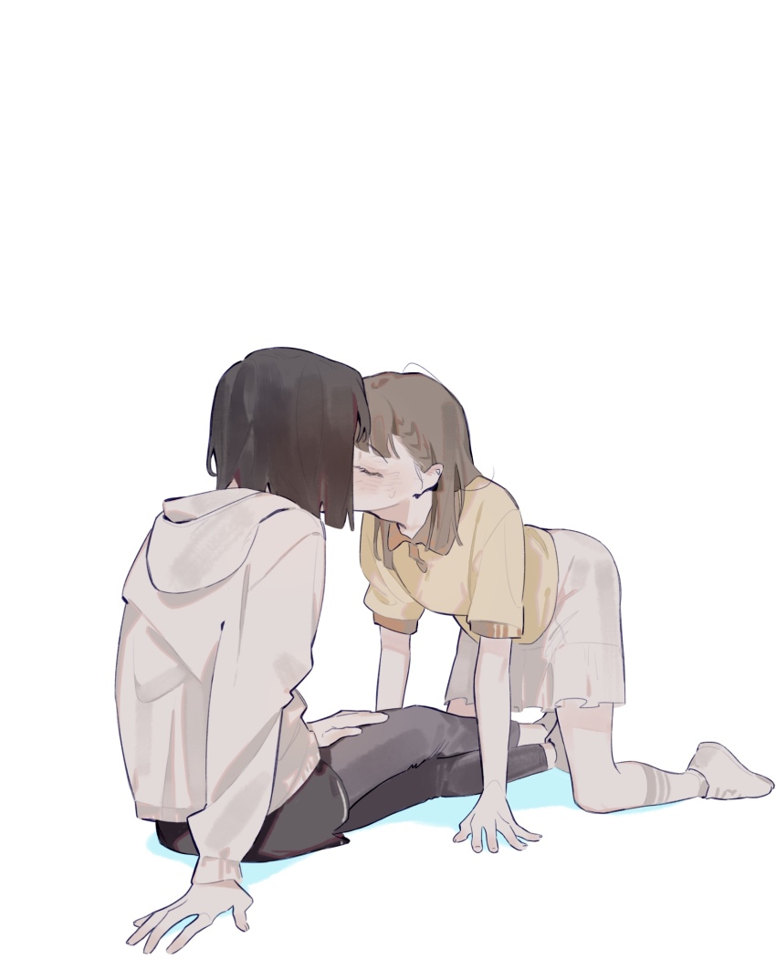 2girls all_fours black_leggings black_shorts braid brown_hair center-flap_bangs closed_eyes closed_mouth collared_shirt commentary crossed_legs english_commentary full_body hand_on_lap highres hood hood_down hoodie kachimachi_kosuzu kachimachi_kosuzu_(summer_training_wear) kiss leggings leggings_under_shorts link!_like!_love_live! long_hair long_sleeves love_live! miniskirt momose_ginko momose_ginko_(summer_training_wear) multiple_girls negative_space pipi_(m1x_mix) polo_shirt shirt shoes short_sleeves shorts side_braids simple_background sitting skirt sneakers straight_hair virtual_youtuber white_background white_footwear white_hoodie white_skirt yellow_shirt yuri