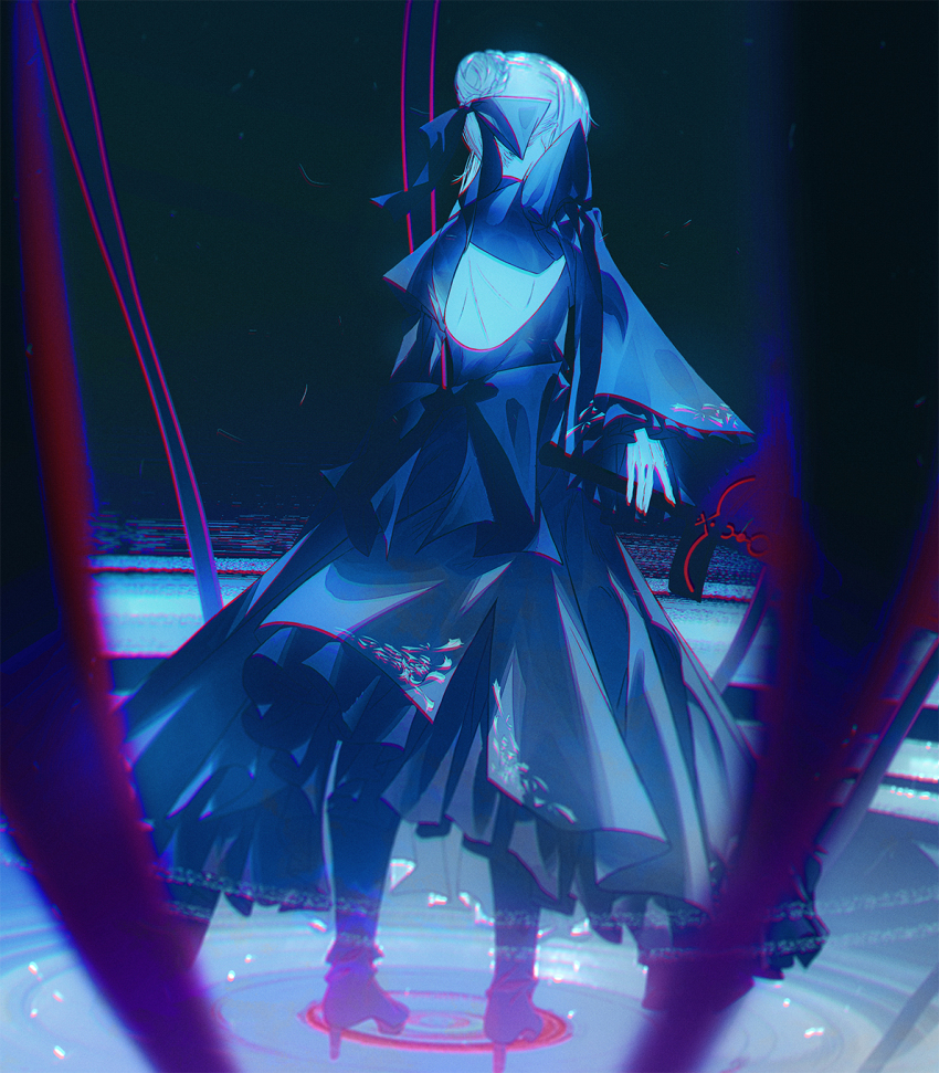 1girl artoria_pendragon_(fate) back back_cutout black_dress blonde_hair braid braided_bun clothing_cutout dress excalibur_morgan_(fate) facing_away fate/grand_order fate_(series) fov_ps frilled_dress frills full_body hair_bun hand_on_hilt high_heels highres holding holding_sword holding_weapon long_sleeves saber_alter saber_alter_(third_ascension) short_hair single_hair_bun solo sword weapon