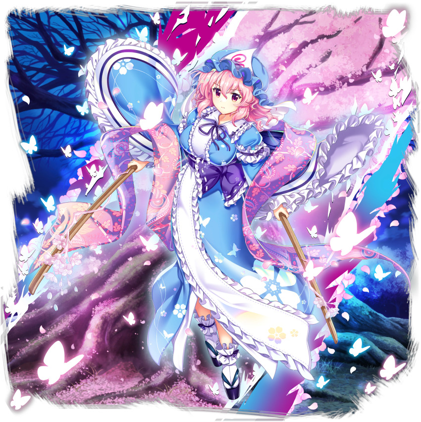 1girl animal_print black_sandals blue_butterfly blue_hat blue_kimono breasts bug butterfly butterfly_print cherry_blossoms closed_mouth dual_wielding floral_print frilled_kimono frilled_sleeves frills full_body game_cg hat highres holding holding_sword holding_weapon insect japanese_clothes kimono large_breasts long_sleeves looking_at_viewer medium_hair mob_cap multiple_swords neck_ribbon official_art okobo petal_print pink_butterfly pink_eyes pink_hair platform_sandals print_kimono purple_ribbon purple_scarf ribbon rotte_(1109) saigyou_ayakashi saigyouji_yuyuko saigyouji_yuyuko_(boundary_of_time) sandals scarf sleeve_garter socks solo sword third-party_source touhou touhou_lostword transparent_background tree triangular_headpiece weapon white_socks wide_sleeves wooden_sword