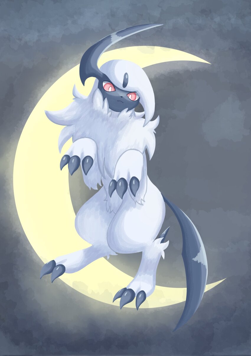 absol animal_focus bright_pupils claws closed_mouth gen_3_pokemon highres horn horns moon nintendo no_humans pokemon pokemon_(creature) red_eyes single_horn smile solo soruva_359 white_hair white_pupils